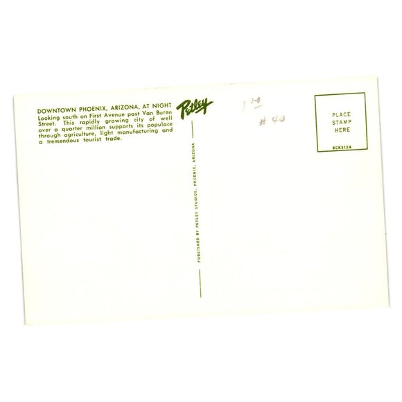 Vintage Downtown Phoenix Arizona Night Scene Postcard By Petley Studios Unused - Picture 2 of 2